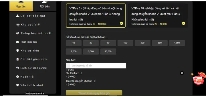 Giao diện hướng dẫn nạp tiền King88 bằng ngân hàng
