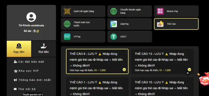 Nạp tiền King88 bằng thẻ cào theo nhà mạng và mệnh giá