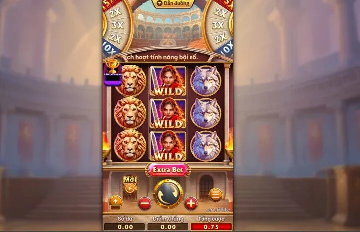 Giao diện game nữ chiến binh la mã king88 với hai cuộn xoay và các bội số