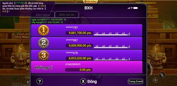 Bảng xếp hạng và hoạt động liên kết trong game thành phố vàng maya king88