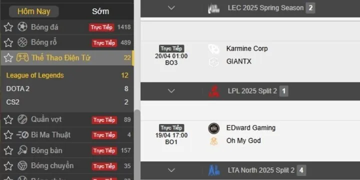 Giao diện điểm cược thể thao điện tử King88 với các trận đấu Esports